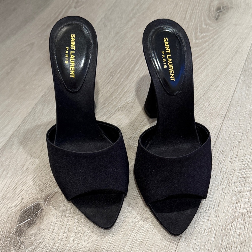Saint Laurent Black Satin Open-Toe Slide Heels